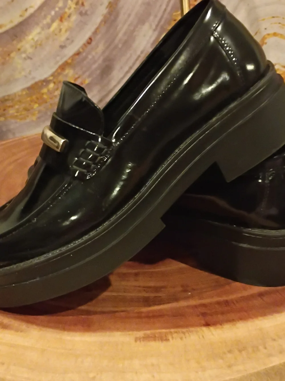 Steve Madden Black Patent Loafers with Gold Accent